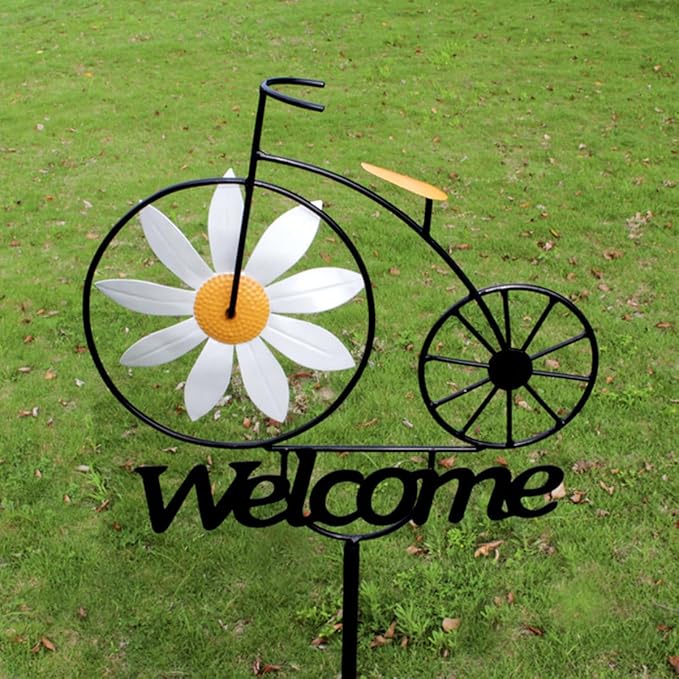 Metal Wind Spinner, 47" Tall Bicycle Wind Sculptures, Daisy Flower Windmill Bike Pinwheel Garden Stake Welcome Sign for Patio Lawn Farm Backyard Decorations
