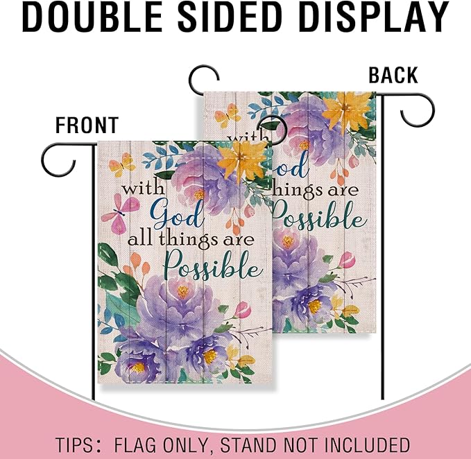 Artofy with God All Things are Possible Christian Small Decorative Garden Flag, Spring Summer Religious Purple Peony Flower Yard Outside Decor, Inspirational Farmhouse Outdoor Home Decoration 12 x 18