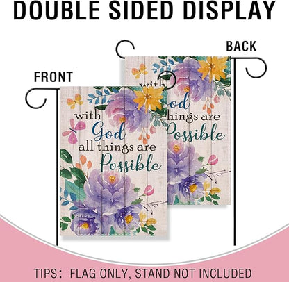 Artofy with God All Things are Possible Christian Small Decorative Garden Flag, Spring Summer Religious Purple Peony Flower Yard Outside Decor, Inspirational Farmhouse Outdoor Home Decoration 12 x 18