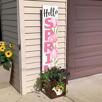Hello Spring Porch Sign Tulip Wooden Welcome Sign Vertical Spring Hanging Signs For Standing Front Porch Decor Rustic Wall Decor Home Farmhouse Yard Door Spring Decorations 47.2"H