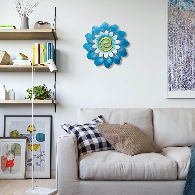 Metal Flowers Wall Decor Indoor Outdoor Metal Wall Art for Home Farmhouse Living Room Bedroom Bathroom Garden Decorations - Blue