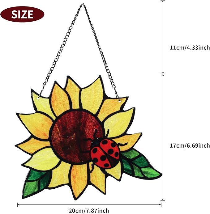 Stained Glass Suncatcher, Sunflower and Ladybug Window Hanging, Hand-Painted (Style 4)