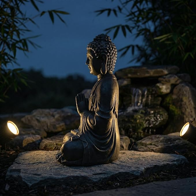 Sculptures Buddha Statue, Garden Statues 23.6 Inch Tall, Large Magnesium Oxide Buddha Sculpture Indoor & Outdoor, Statue for Home Decor Yard Porch Patio, Dark Gray with Gold Accents