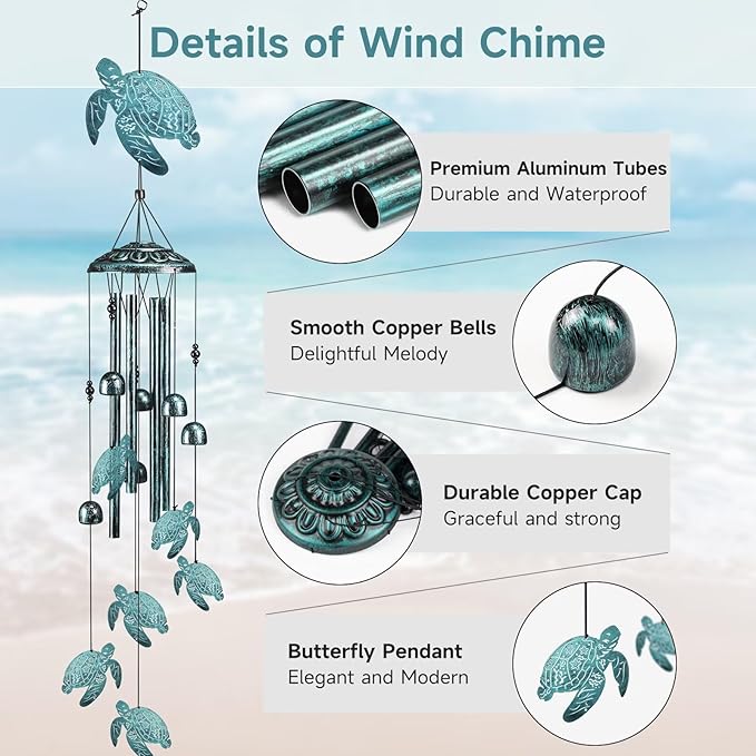 Sea Turtle Wind Chimes for Outside,41" Metal Windchimes, Housewarming/Halloween/Festival/Memorial Turtles Gifts for Women/Men, Sea Turtle Decor for Outside, Patio or Yard, Garden