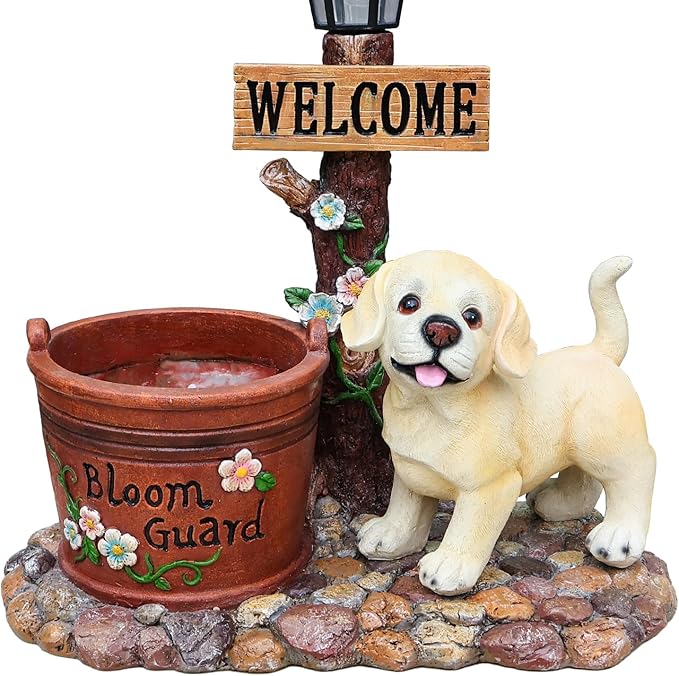 Solar Light Animal Outdoor Statue Planter with Welcome Sign, Resin Garden Sculpture Flower Pot for Patio Lawn Porch Yard Courtyard Decor, Weather-Resistant Decorative Figurine Accent (G)