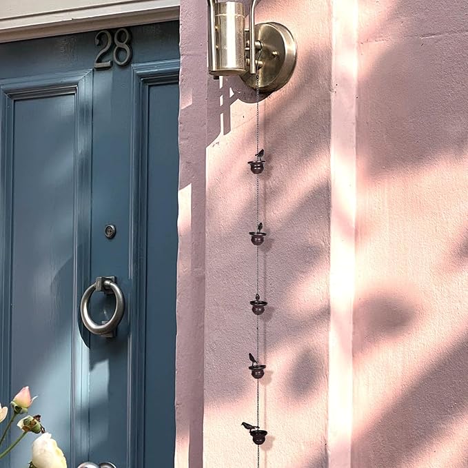 Ciieeo Copper Metal Rain Chain 2.4m for Garden and Courtyard, Decorative Rain Gutter Chain with Bird Cups, Outdoor Roof Rainwater for Patio Drainage