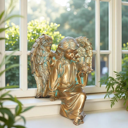 Angel Garden Statue, Sitting Angel Sculpture, Resin Angel with Bird Figurine for Patio Yard Porch Lawn Outdoor Decor Home Shelf Sitter Memorial Spiritual Gifts (Bronze)