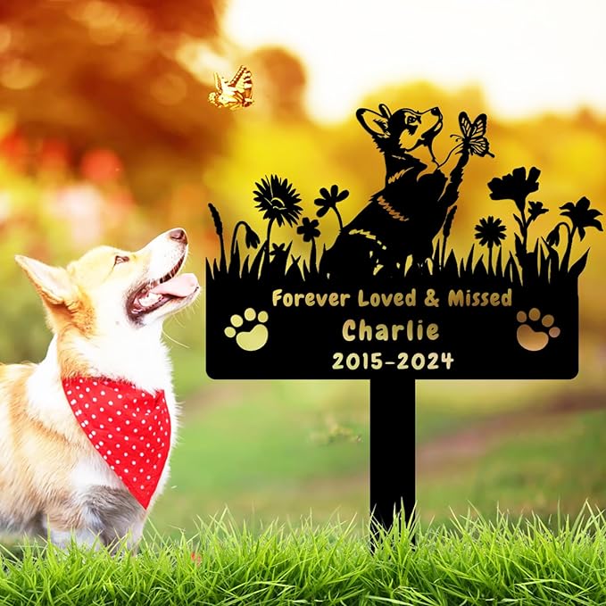 Custom Corgi Dog Memorial Grave Marker,Personalized Metal Flora Dog Memorial Stake,Dog Memorial Plaque Burial Stake Engraved Sign,Sympathy Grave Stake for Lost Dog,Dog Headstone
