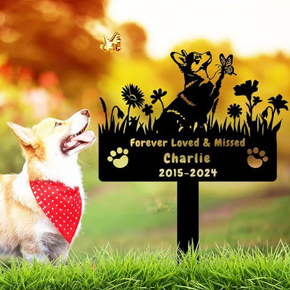 Custom Corgi Dog Memorial Grave Marker,Personalized Metal Flora Dog Memorial Stake,Dog Memorial Plaque Burial Stake Engraved Sign,Sympathy Grave Stake for Lost Dog,Dog Headstone