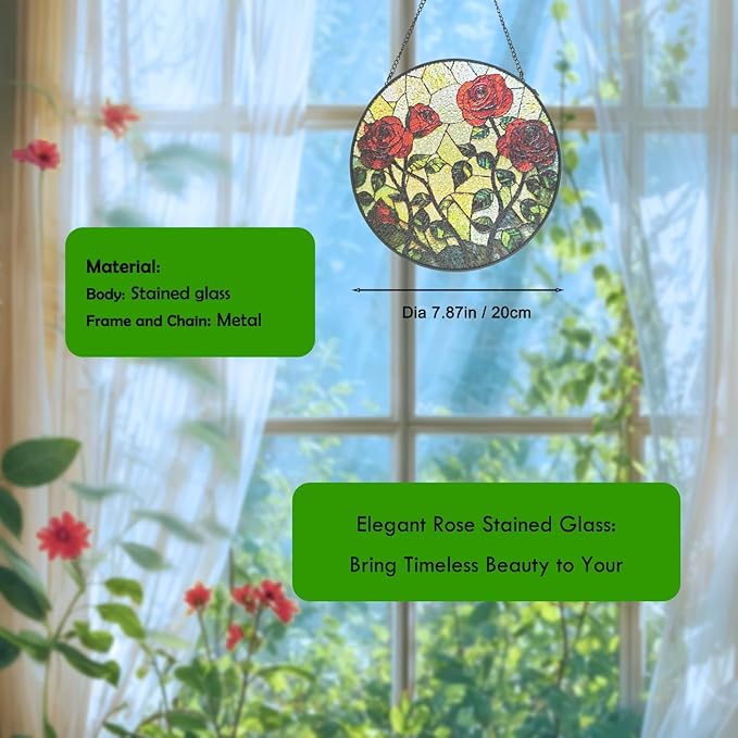 Rose Floral Stained Glass Sun Catcher Window Hanging,Handmade Suncatcher Window Art for Home Decor and Garden,Romantic Gift for Her, Wife or Mom