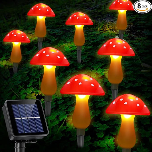 ReyeeInc Mushroom Solar Lights Outdoor Waterproof, Whimsical and Cute Solar Mushrooms Stake Lights for Outside with 8 Lights and 8 Modes for Fariy Garden Yard Lawn Path Planter Flower Bed Decor (Red)