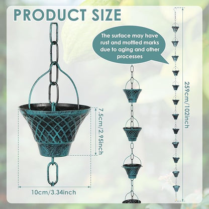 Gutter Chain, Rain Chain for Gutter, Downspout Decorative Metal Rain Catcher Diverter with Hook for Outside Windowsill Garden Patio Courtyard (Blue)