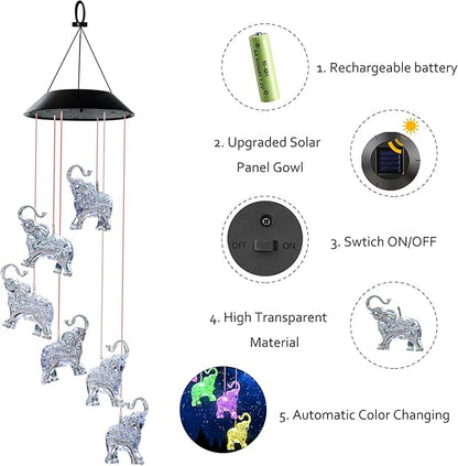 Solar Wind Chimes, Elephant Wind Chimes Gifts for Mom Grandma Women Wife Girls, IP65 Waterproof Hanging Memorial Windchimes with 7 Color Changing LED Lights for Outside Garden Yard Decorations