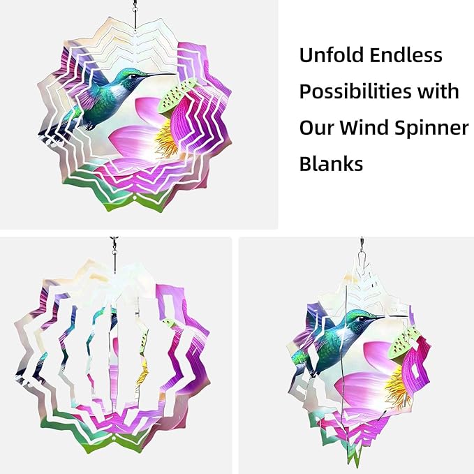 8 Inch Sublimation Wind Spinner, 3D Aluminum Metal Wind Spinner with Hook, Indoor Yard Garden Hanging Decoration, Weather Resistant Rotating Spiral Ornament, Hummingbird and Lotus