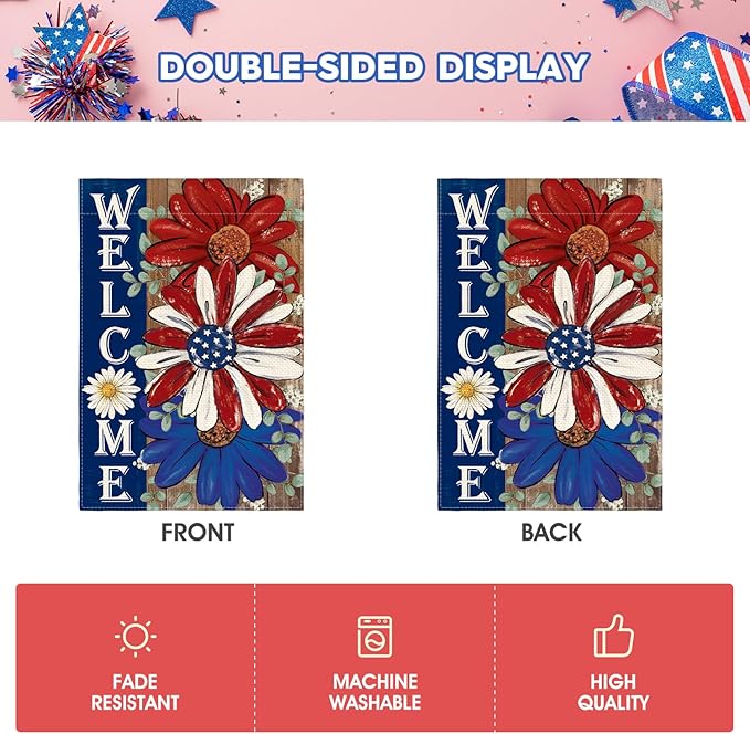 AVOIN colorlife Patriotic 4th of July Garden Flag 12x18 Inch Double Sided Outside, Floral Welcome Daisy Holiday Yard Outdoor Decoration