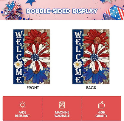 AVOIN colorlife Patriotic 4th of July Garden Flag 12x18 Inch Double Sided Outside, Floral Welcome Daisy Holiday Yard Outdoor Decoration