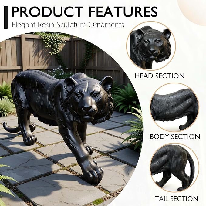 15.75" H x 33.46" L x 7.87" W Large Black Tiger Statue for Garden, Outdoor Sculpture, Animal Decor for Yard Porch Entryway Patio Living Room (Large, Black Tiger)