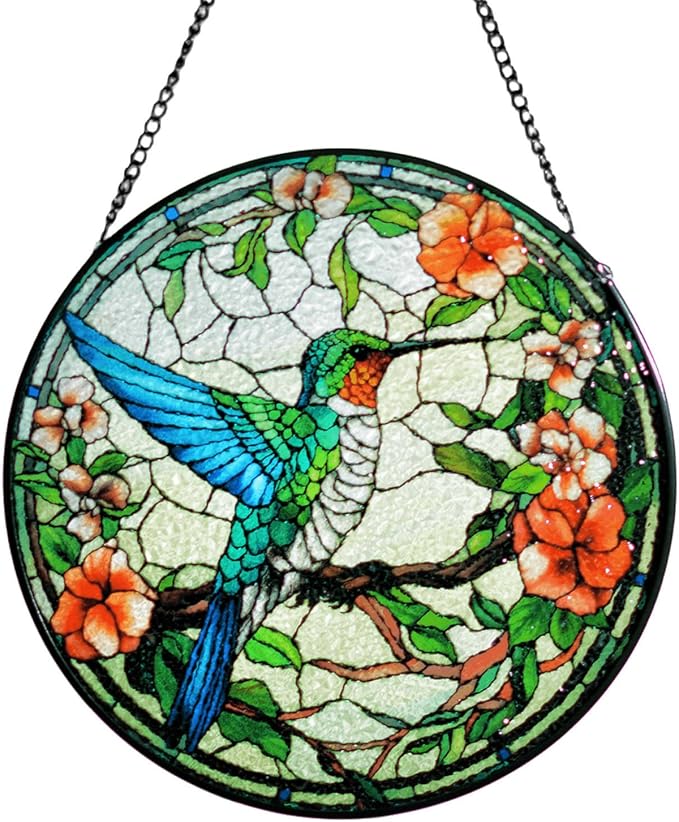 Stained Glass Window Hanging, 7.87" Luyseyha Sun Catcher for Window, Hummingbird Suncatcher Ornaments, Handmade Glass Art Wall Decor, Birthday Gift for Women Grandma Mom