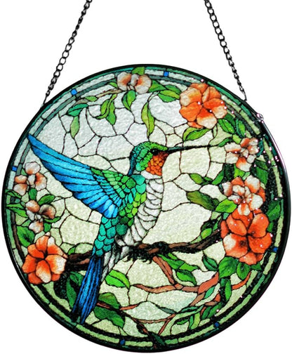 Stained Glass Window Hanging, 7.87" Luyseyha Sun Catcher for Window, Hummingbird Suncatcher Ornaments, Handmade Glass Art Wall Decor, Birthday Gift for Women Grandma Mom