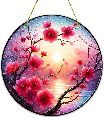 Banax Stained Glass Window Hanging Sunrise Suncatcher, 8 Inch Round Plum Blossom Glass Sun Catcher for Window Wall Art for Home, Patio, Porch, Outdoor Garden Décor Gift