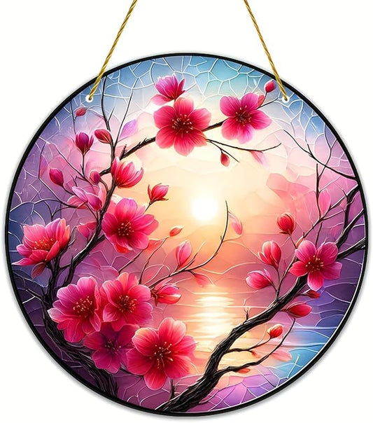 Banax Stained Glass Window Hanging Sunrise Suncatcher, 8 Inch Round Plum Blossom Glass Sun Catcher for Window Wall Art for Home, Patio, Porch, Outdoor Garden Décor Gift