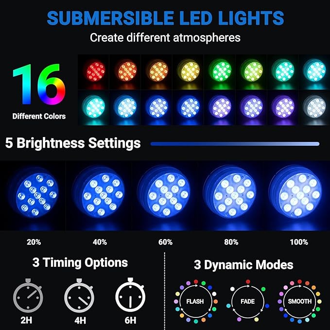 LOFTEK Submersible LED Lights with Remote, 13 LED Pool Lights for Inground Above Ground Pool with Magnets &Suction Cups,16 Color Changing Underwater Light for Ponds Battery Operated, 2 Pack
