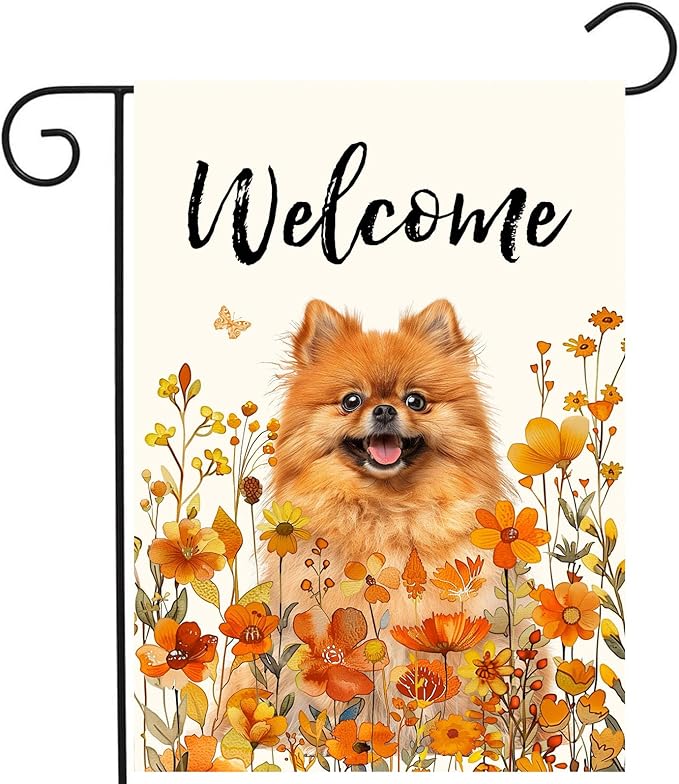 Pomeranian Fall Garden Flag Autumn Dog Yard Sign Orange Floral Thanksgiving Outdoor Banners for Outside 12x18 Double Sided Small Wild Flower Lawn Decorations