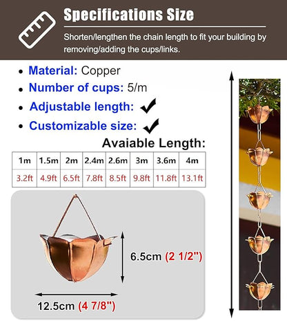 Rain Chain,rain Chain for downspout, Hanging Flower Japanese for Rain Gutter & Eaves Drainage, Garden Decoration Rain Chain, Pure Copper Downspout Water Chain (2.4 m (7.8ft))