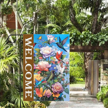Gkyygk Welcome Garden Flag Roses Hummingbirds Butterflies Double Sided 12x18 Inch Banners Welcome Yard House Outside Outdoor Summer Decoration