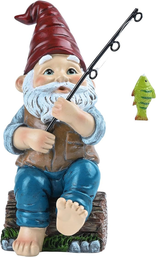 TERESA'S COLLECTIONS Resin Outdoor Statues for Garden Decor, Garden Gnome with Fishing Pole Funny Decorations for Outside, Yard Gnome Decor for Patio Lawn Ornaments, Ideal Gift for Women and Man, 8"