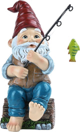 TERESA'S COLLECTIONS Resin Outdoor Statues for Garden Decor, Garden Gnome with Fishing Pole Funny Decorations for Outside, Yard Gnome Decor for Patio Lawn Ornaments, Ideal Gift for Women and Man, 6"