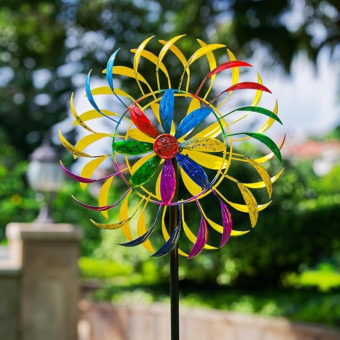 Wind Spinners Outdoor, Colorful Changing Garden Windmill for Yard Decor 65 inch, Unique Tree Leaf Design Metal Garden Wind Spinners，Gifts for Family Friends