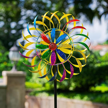 Wind Spinners Outdoor, Colorful Changing Garden Windmill for Yard Decor 65 inch, Unique Tree Leaf Design Metal Garden Wind Spinners，Gifts for Family Friends