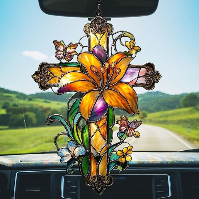 Floral Cross Acrylic Suncatcher Stained Glass Effect Window Car Hanging Christmas Ornament Indoor Outdoor Decor Garden Memorial Sun Catcher for Family Christmas Jesus Gift for Women Mom Grandma