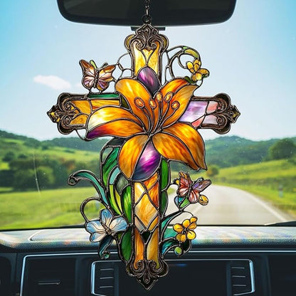 Floral Cross Acrylic Suncatcher Stained Glass Effect Window Car Hanging Christmas Ornament Indoor Outdoor Decor Garden Memorial Sun Catcher for Family Christmas Jesus Gift for Women Mom Grandma