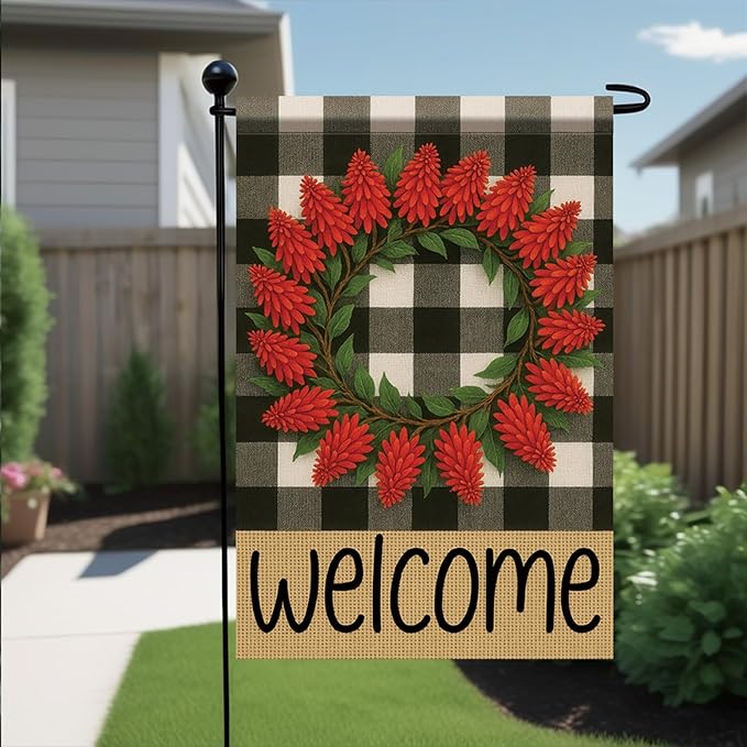 Welcome Spring Summer Garden Flags for Outside 12x18 Double Sided Buffalo Plaid Wreath Red Pinecone Flower Seasonal Sign Small Yard Flag Farmhouse Holiday Outdoor Decor