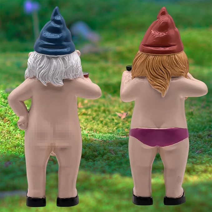 MINICAR Gnome Statue Garden Outdoor Decor Set of 2, Funny Dwarf Sculptures Yard Decorations, Naughty, 8'' Tall