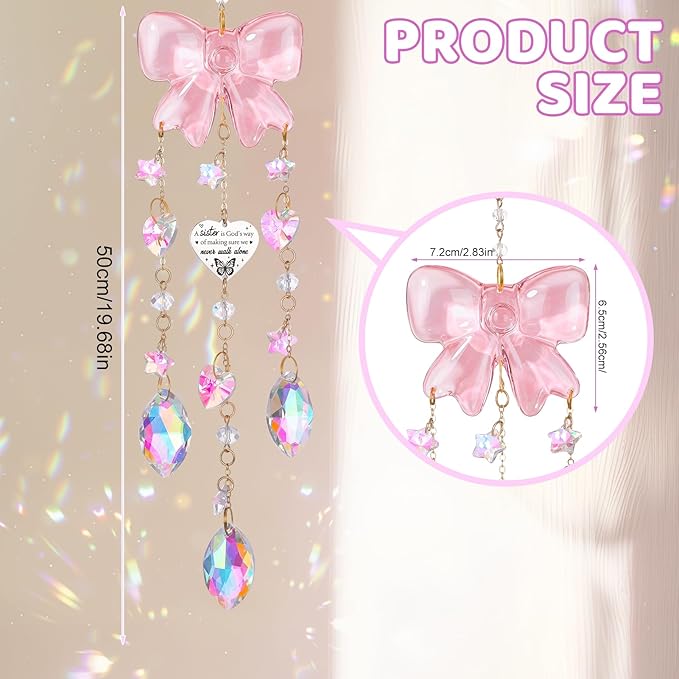 Crystal Sun Catchers Indoor Window,Pink Bow Decor Sun Catcher for Sister Gifts with 3 Chains,Prism Rainbow Crystal Suncatcher for Hangings College Dorm Rooms Home Decoration