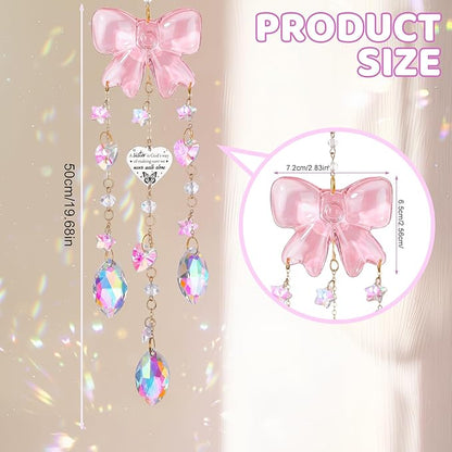 Crystal Sun Catchers Indoor Window,Pink Bow Decor Sun Catcher for Sister Gifts with 3 Chains,Prism Rainbow Crystal Suncatcher for Hangings College Dorm Rooms Home Decoration