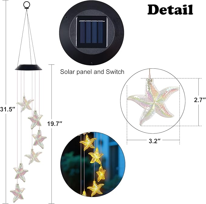 Starfish Wind Chime,Christmas Solar Wind Chimes for Outside,Waterproof Hanging Solar Lights 6 Color Changing LED Light Windchime Outdoor Decor Gift for Holiday Garden Porch Patio Yard Decor