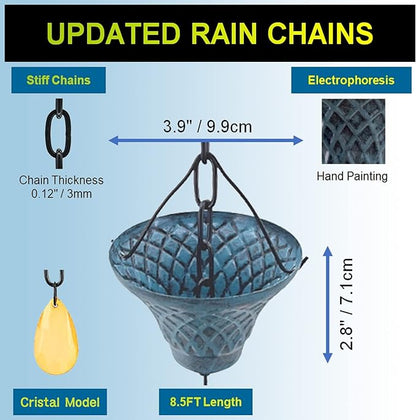 [Upgraded] 8.5FT Antique Sky Blue Colored Iron (Double-Sided) Rain Chains for Gutter and Rain Barrel, Rust-Resistant Plated Garden Décor Rain Chain for Downspout (not Included an Adapter)