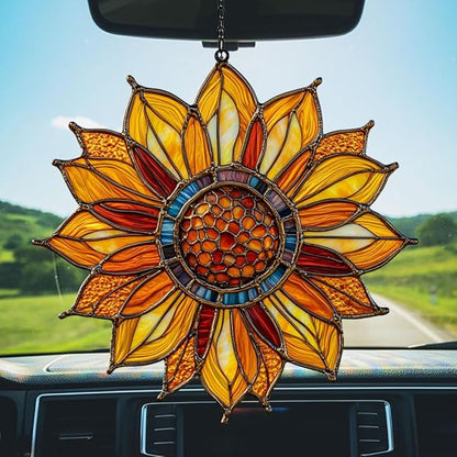 Sunflower Faux Tiffany Acrylic Suncatcher Stained Glass Effect Window Car Hanging Christmas Ornament Indoor Outdoor Decor Garden Sun Catcher Panel for Sunflower Lover for Women Mom Grandma