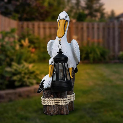Pelican Solar Garden Outdoor Decor Statues with LED Lantern, Hand Painted Resin Animal Figurine Lights for Patio Lawn Yard Pathway, Unique Coastal Gifts for Women Mom Grandma