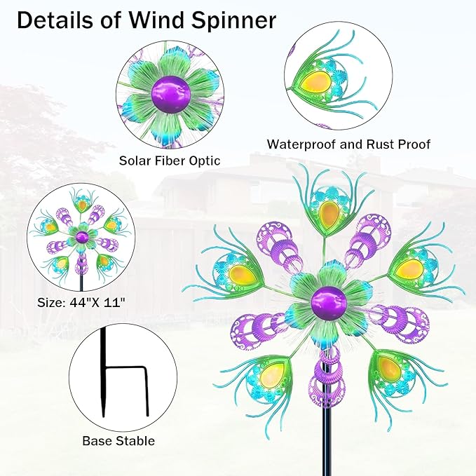 40" Solar Peacock Wind Spinners Garden Stake, Solar Wind Sculpture Yard Art Decorations for Lawn, Patio & Yard & Garden Decor, Metal Green Whirligigs Wind Spinners Outdoor
