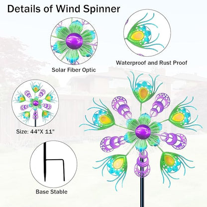 40" Solar Peacock Wind Spinners Garden Stake, Solar Wind Sculpture Yard Art Decorations for Lawn, Patio & Yard & Garden Decor, Metal Green Whirligigs Wind Spinners Outdoor