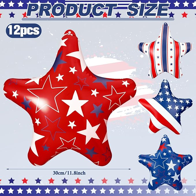 12 Pcs 4th of July Inflatable Star Decorations 11.8 Inch Independence Day Red Blue White Patriotic Outdoor Decorations Blow up PVC Stars Ornament Inflatable Ball Decor for Yard Lawn Garden