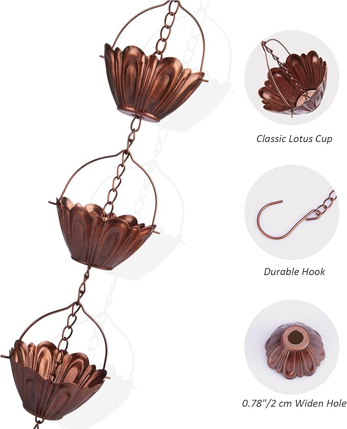 8 ft Copper Plated Rain Chain for Outside Downspouts, Adjustable Rain Catcher for Garden Gutters, Decorative Metal Hanging Flower Spiral Rain Bells, 12 Lotus Cups, Brass Color