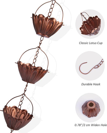 8 ft Copper Plated Rain Chain for Outside Downspouts, Adjustable Rain Catcher for Garden Gutters, Decorative Metal Hanging Flower Spiral Rain Bells, 12 Lotus Cups, Brass Color