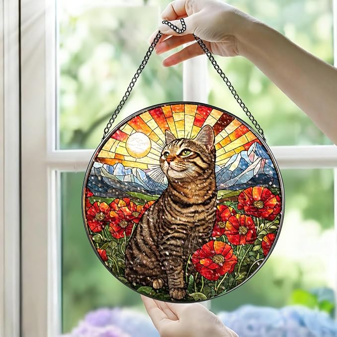 Stained Glass Suncatcher Window Hanging, 7.8 Inch Handmade Sunflower Garden suncatchers, Suncatcher Home Decor,Gift for Women, Mom, Grandma (Cat)
