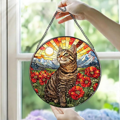 Stained Glass Suncatcher Window Hanging, 7.8 Inch Handmade Sunflower Garden suncatchers, Suncatcher Home Decor,Gift for Women, Mom, Grandma (Cat)